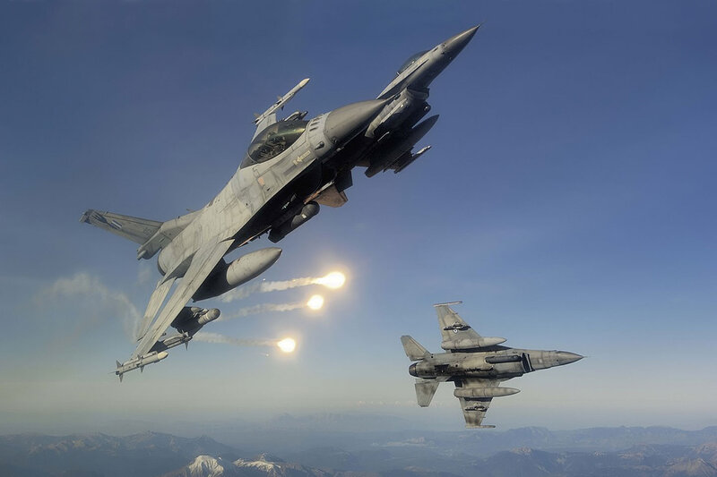 F-16 Fighter Jets — Blue, Dramatic, Afternoon