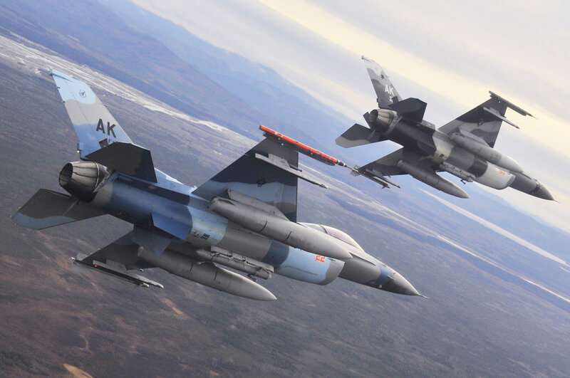 F-16 Fighter Jets — Gray, Dramatic, Afternoon, Photograph, Aircraft, Mountains