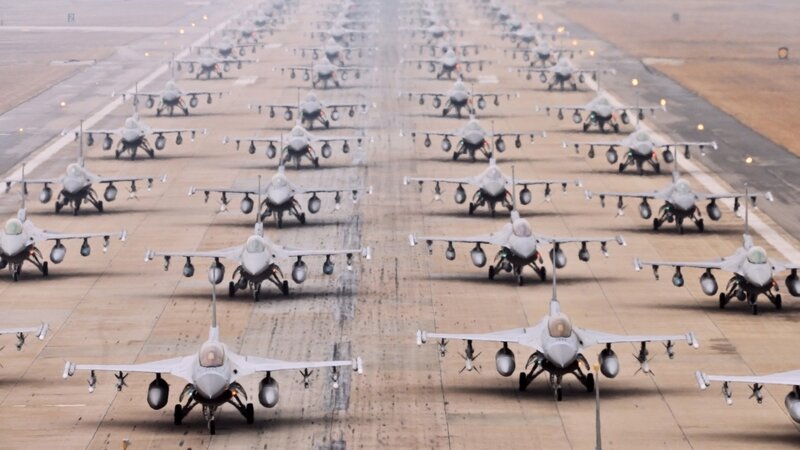 F-16 Fighter Jets — Gray, Orderly, Morning