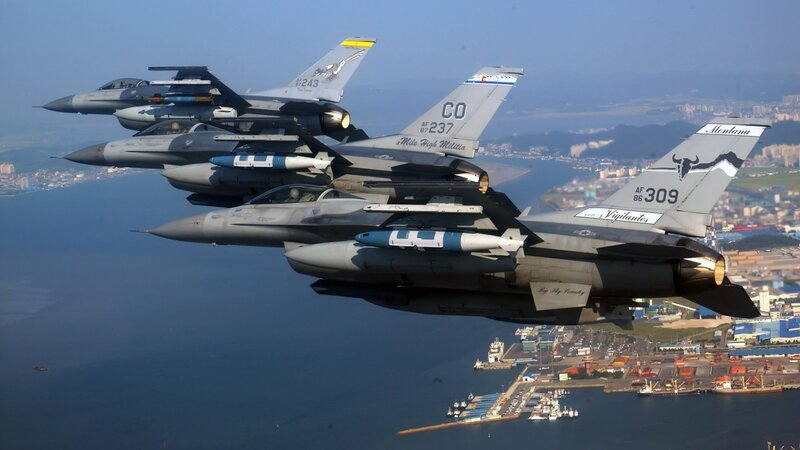 F-16 Fighter Jets in Formation — Gray, Dramatic, Afternoon, Photograph