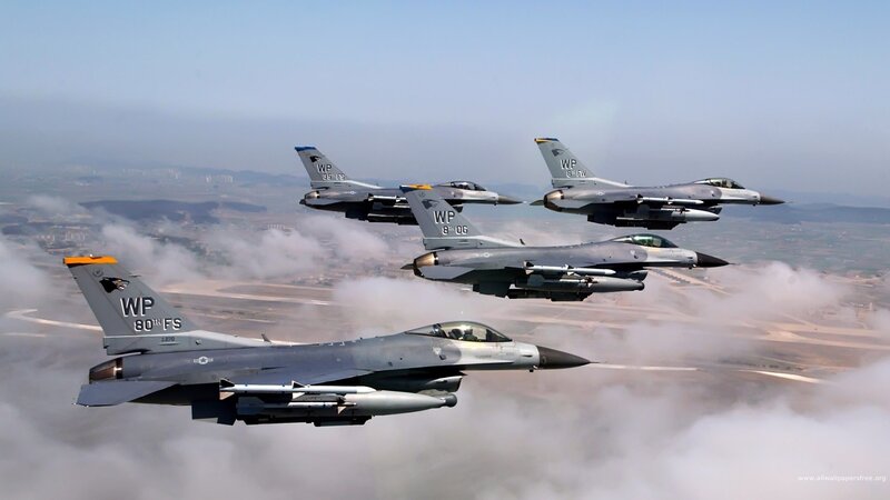F-16 Fighter Jets in Formation — Gray, Dramatic, Afternoon