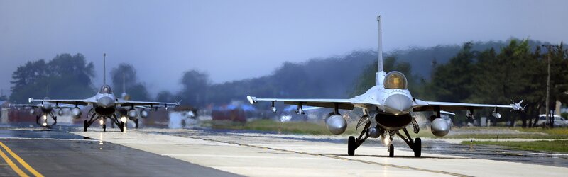 F-16 Fighter Jets on Runway — Gray, Dramatic, Morning, Photograph