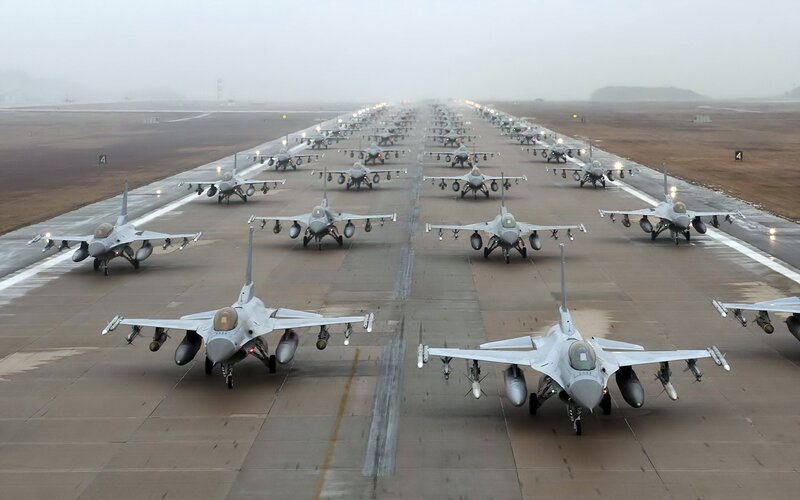 F-16 Fighter Jets on Runway — Gray, Dramatic, Morning