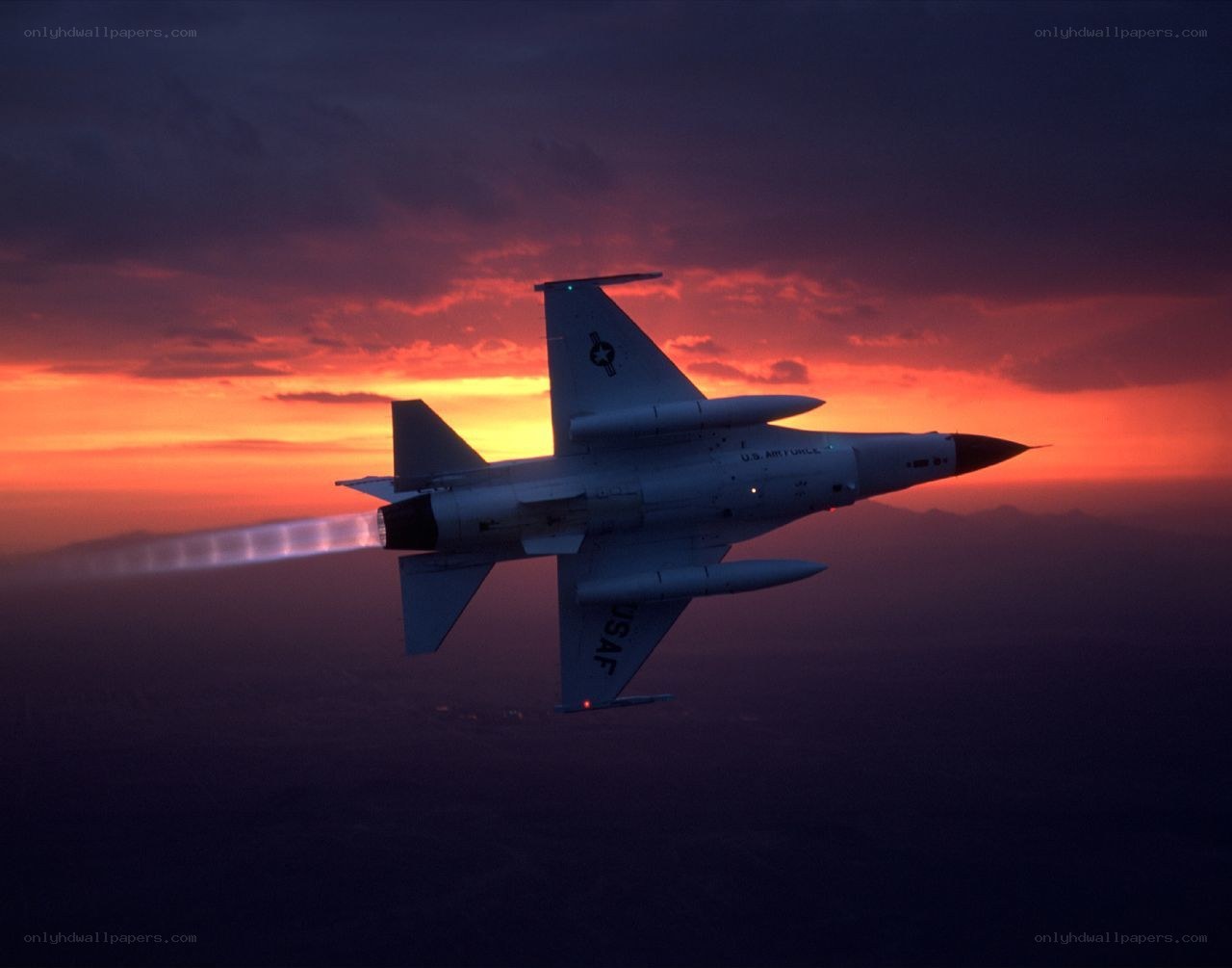 F-16 jet at sunset