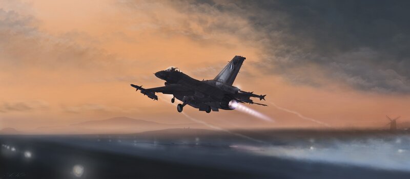 F-16 jet taking off at sunset