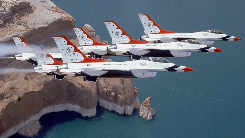 F-16 Jets in Formation — White