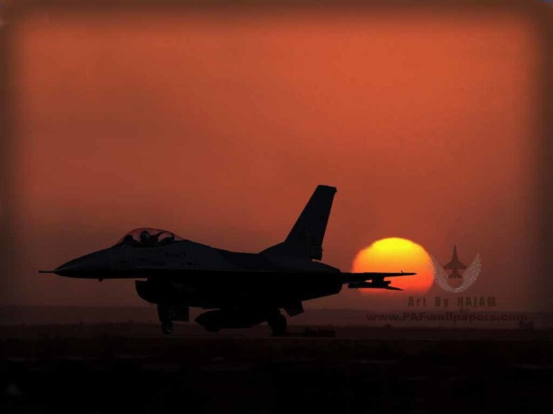 F-16 silhouette at sunset