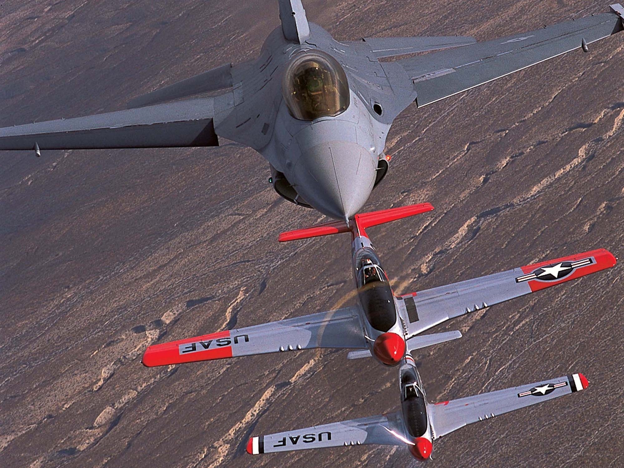 F-16 with two F-86 jets