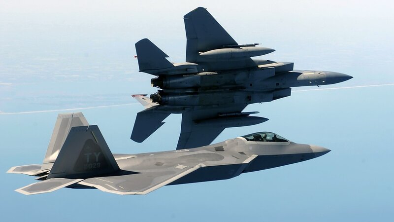 F-22 and F-15 in flight