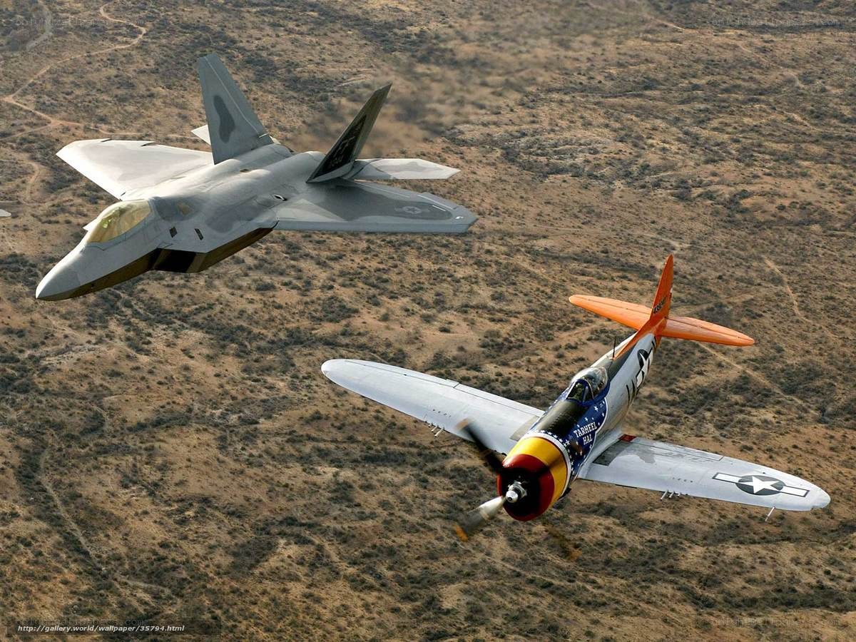 F-22 and P-47 in flight