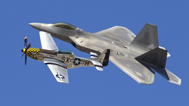 F-22 Raptor and P-51 Mustang in flight