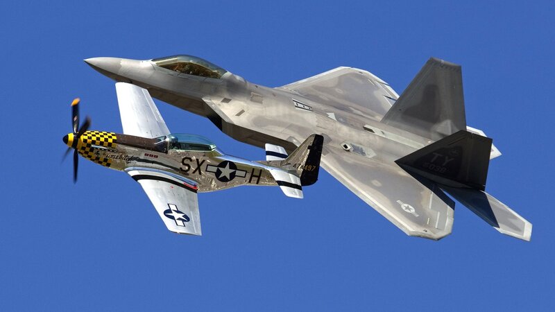 F-22 Raptor and P-51 Mustang in flight