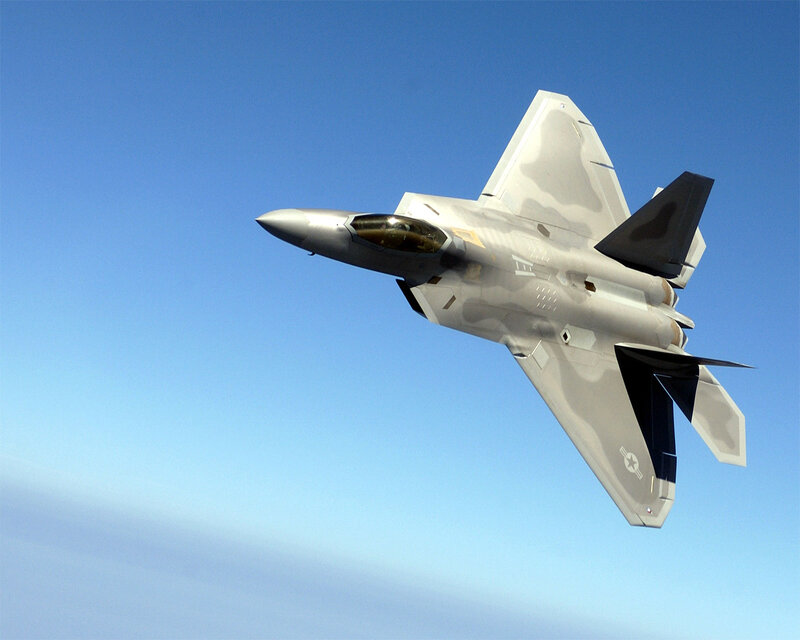 F-22 Raptor Fighter Jet — Blue, Clear, Photograph