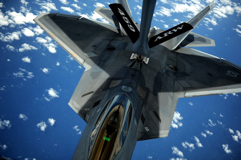 F-22 Raptor Fighter Jet — Blue, Dramatic, Afternoon, Photograph, Aircraft, Sky, Clouds, Refueling Boom