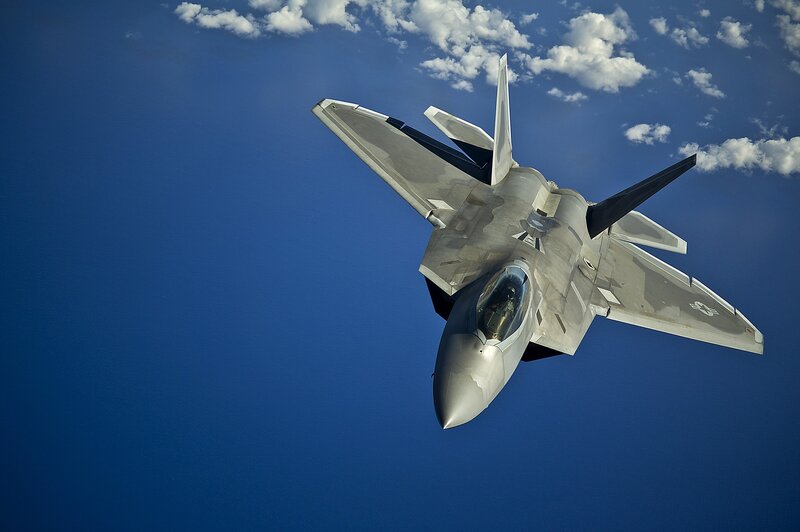 F-22 Raptor Fighter Jet — Blue, Dramatic, Afternoon, Photograph, Clouds, Sky, Gray