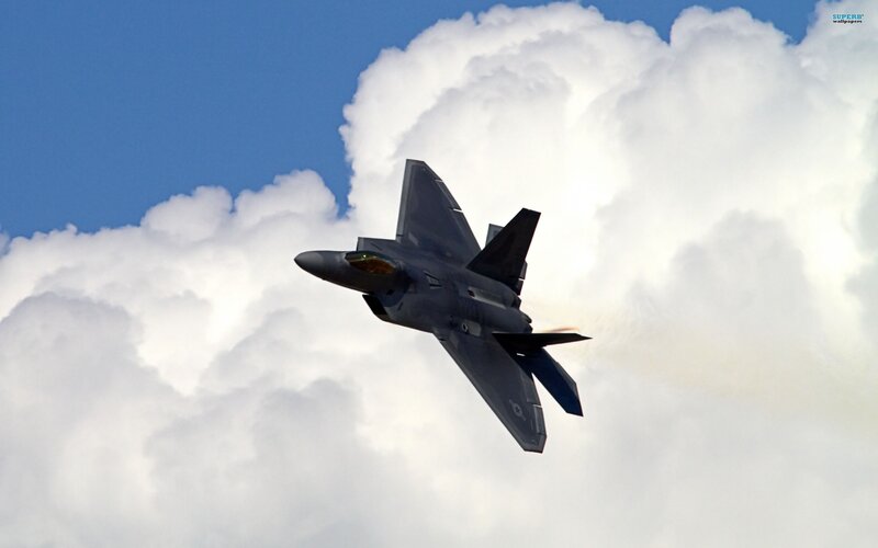 F-22 Raptor Fighter Jet — Blue, Dramatic, Afternoon, Photograph, Clouds, Sky, White, Gray