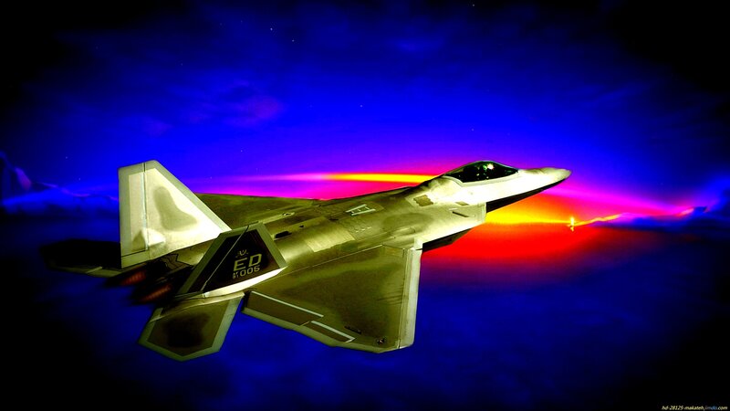 F-22 Raptor Fighter Jet — Blue, Dramatic, Night