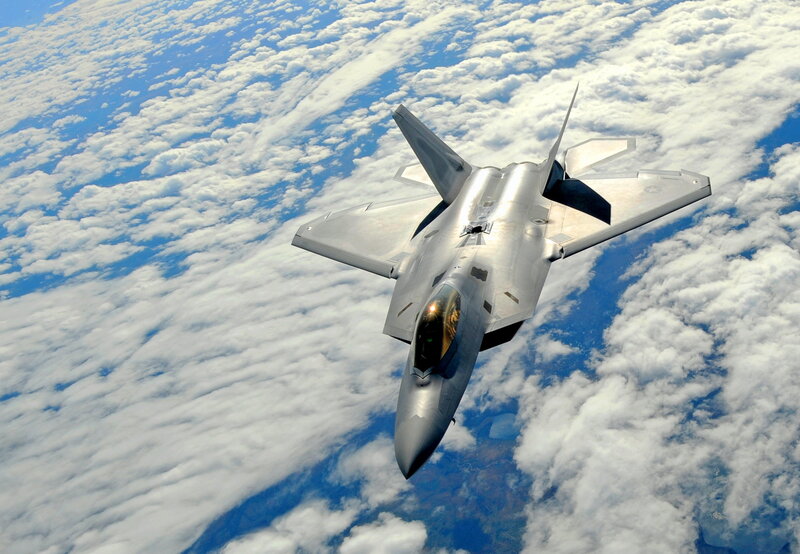F-22 Raptor Fighter Jet — Blue, Dramatic, Photograph