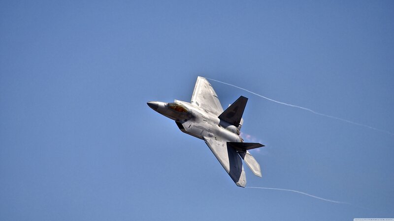 F-22 Raptor Fighter Jet — Blue, Dynamic, Afternoon, Photograph, Smoke Trails