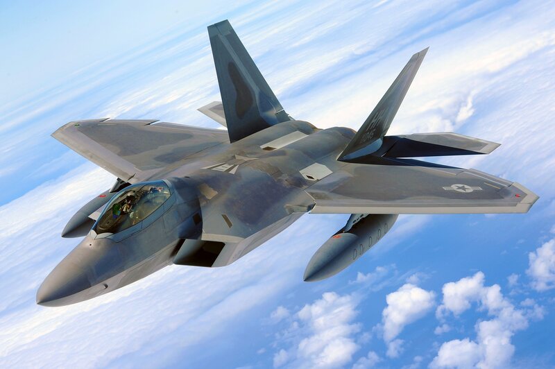 F-22 Raptor Fighter Jet — Blue, Dynamic, Afternoon, Photograph