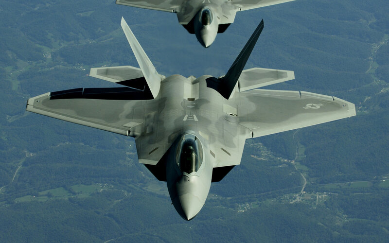 F-22 Raptor Fighter Jet — Gray, Dramatic, Afternoon, Photograph, Aircraft, Sky, Mountains