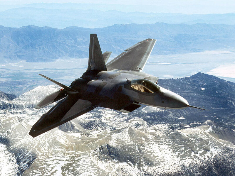 F-22 Raptor Fighter Jet — Gray, Dramatic, Afternoon, Photograph, Mountains, Sky, Snow