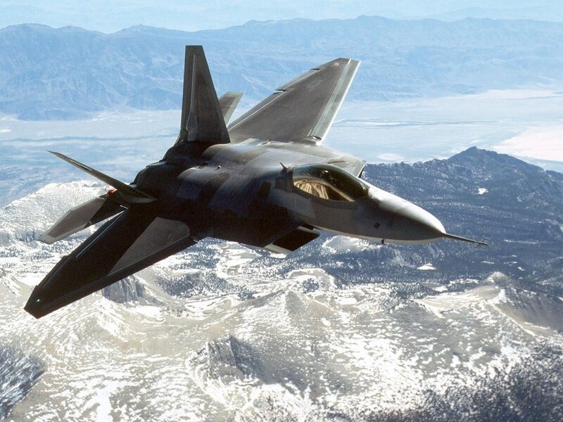 F-22 Raptor Fighter Jet — Gray, Dramatic, Afternoon, Photograph, Mountains, Sky, Snow, White