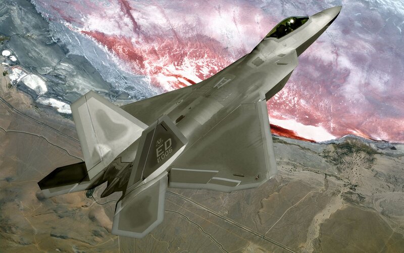 F-22 Raptor Fighter Jet — Gray, Dramatic, Digital Art, Aircraft, Earth, Clouds