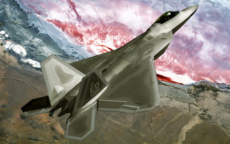 F-22 Raptor Fighter Jet — Gray, Dramatic, Digital Art, Aircraft, Earth