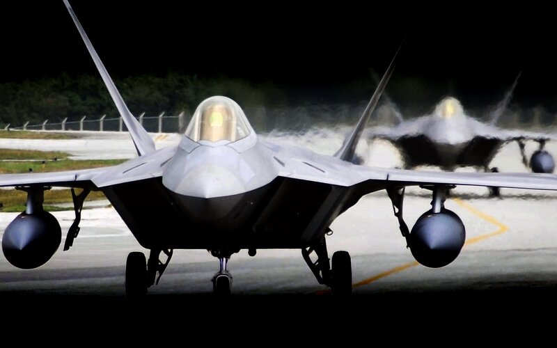 F-22 Raptor Fighter Jet — Gray, Dramatic, Night, Photograph, Aircraft, Runway