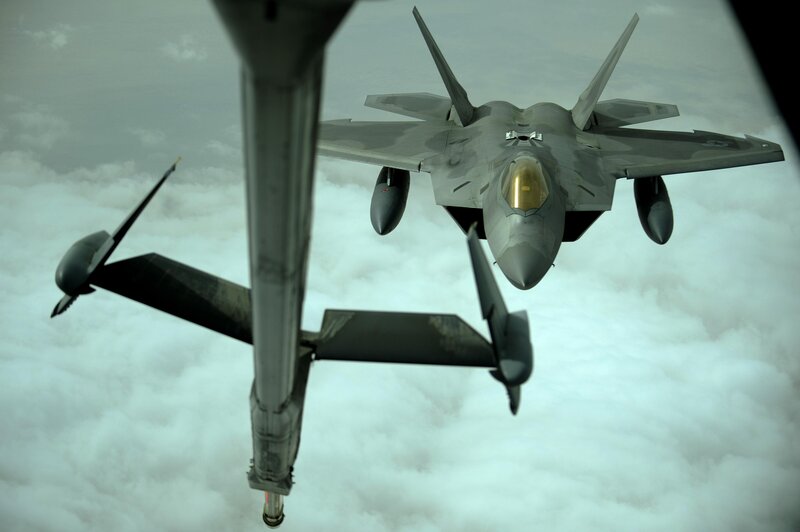 F-22 Raptor Fighter Jet — Gray, Dramatic, Photograph, Aircraft, Clouds, Refueling Boom