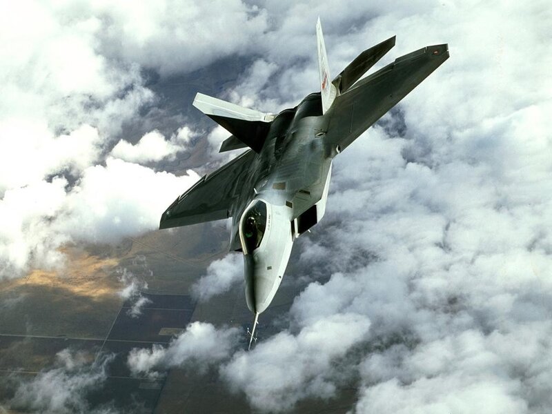 F-22 Raptor Fighter Jet — Gray, Dramatic, Photograph, Clouds, Aircraft, Ground