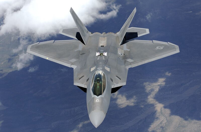 F-22 Raptor Fighter Jet — Gray, Dramatic, Photograph, Clouds