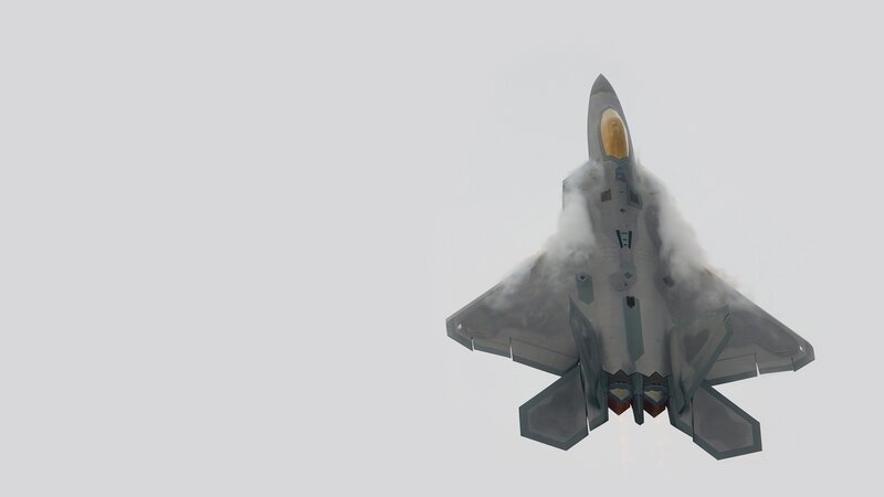F-22 Raptor Fighter Jet — Gray, Dramatic, Photograph, Smoke, Clouds, White
