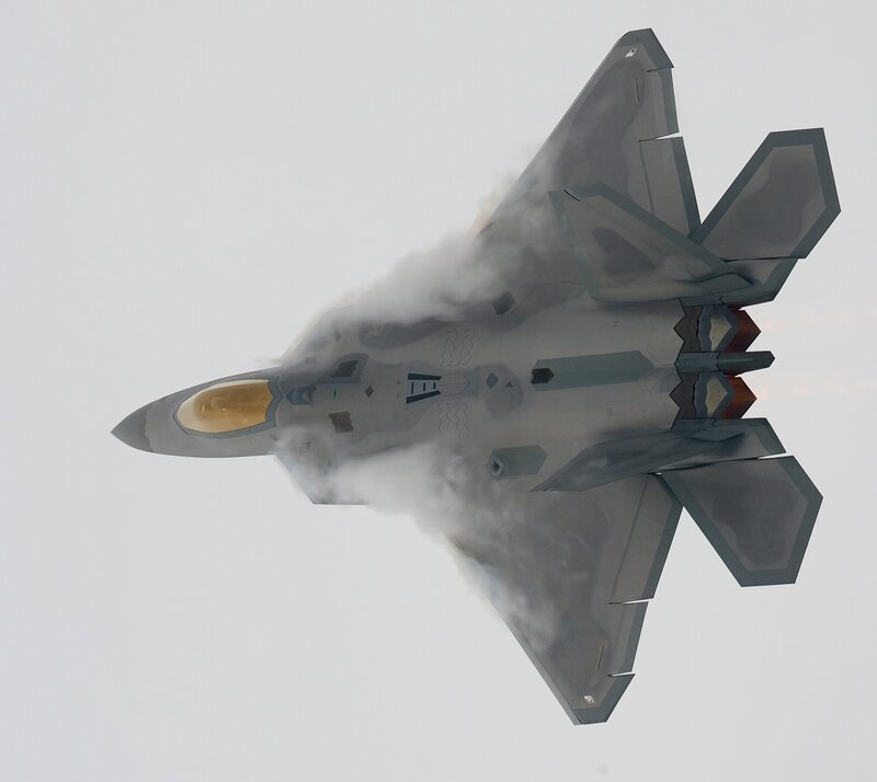 F-22 Raptor Fighter Jet — Gray, Dramatic, Photograph, Smoke