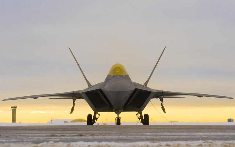 F-22 Raptor Fighter Jet — Gray, Dramatic, Sunset, Photograph