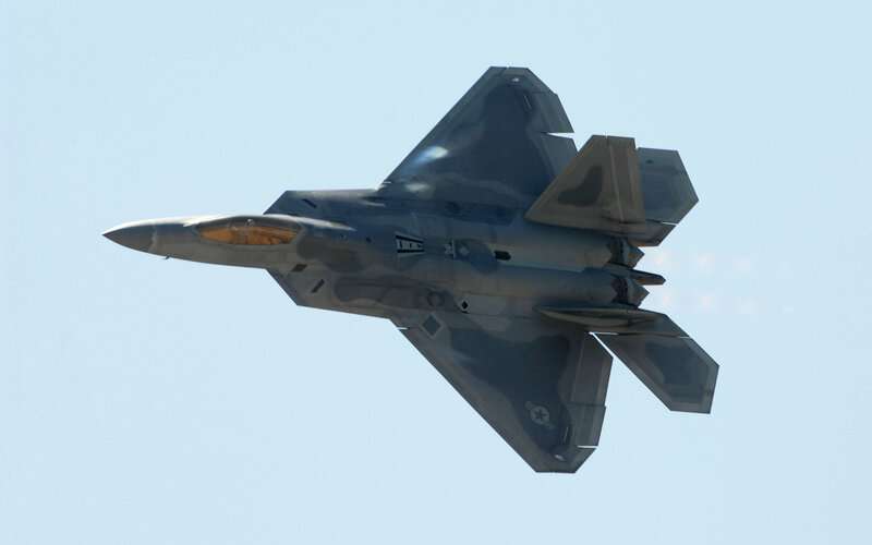 F-22 Raptor Fighter Jet — Gray, Dynamic, Afternoon, Photograph, Aircraft, Sky, Blue