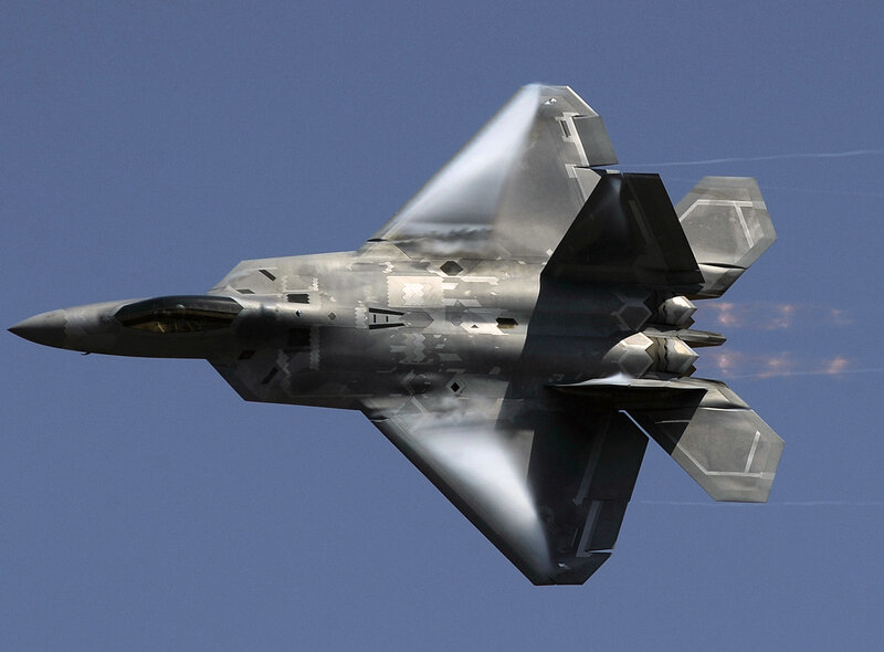 F-22 Raptor Fighter Jet — Gray, Dynamic, Afternoon, Photograph, Aircraft, Sky, Engine Exhaust