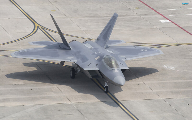 F-22 Raptor Fighter Jet — Gray, Neutral, Afternoon, Photograph, Runway