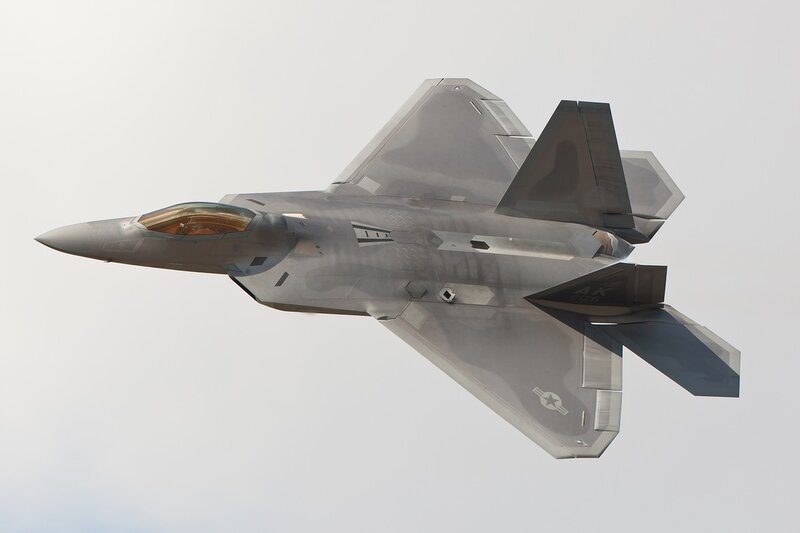 F-22 Raptor Fighter Jet — Gray, Neutral, Photograph, Aircraft, Sky