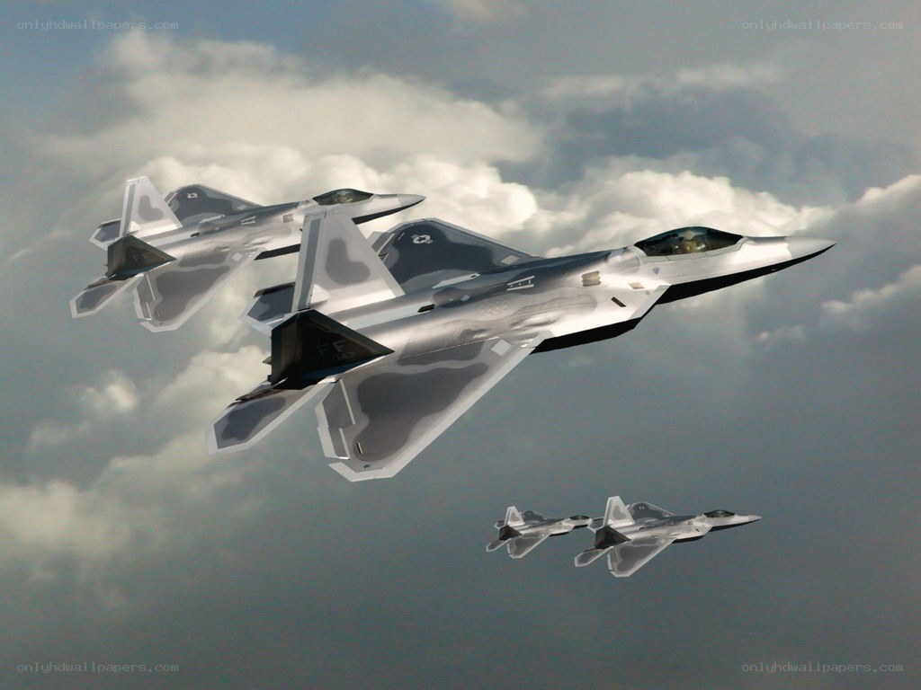 F-22 Raptor fighter jets in formation