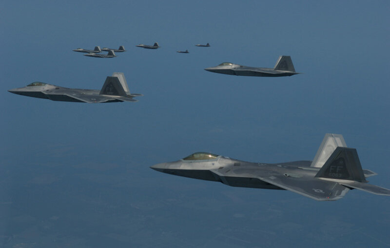 F-22 Raptor fighter jets in formation