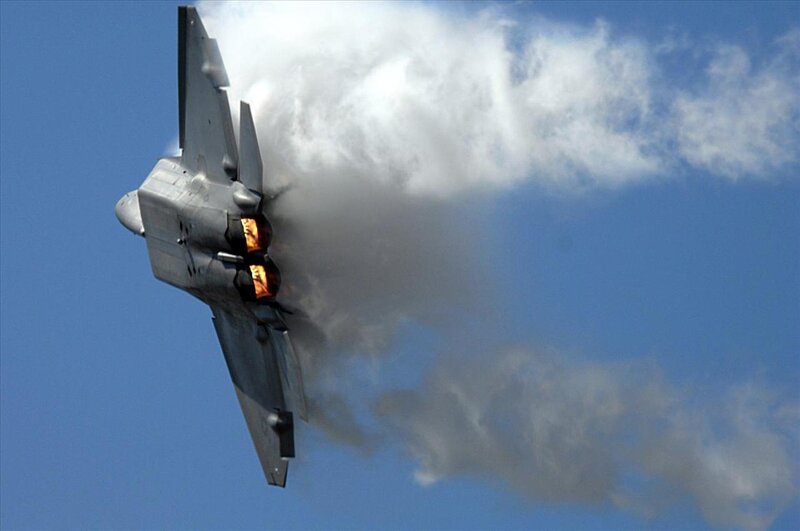 F-22 Raptor Jet — Blue, Dramatic, Afternoon, Photograph, Flames