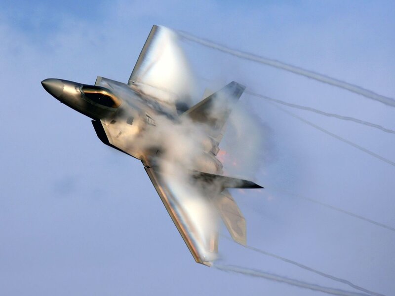 F-22 Raptor Jet — Blue, Dramatic, Photograph, Smoke