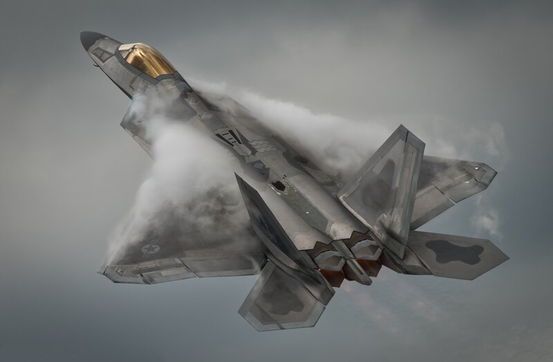 F-22 Raptor Jet — Gray, Dramatic, Photograph, Smoke, Clouds, Jet Engine