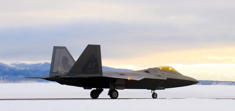 F-22 Raptor on snowy runway