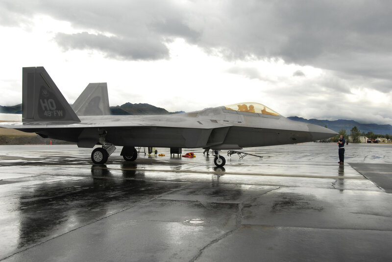 F-22 Raptor on wet tarmac