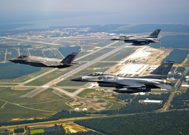 F-35 and F-16 fighter jets in formation