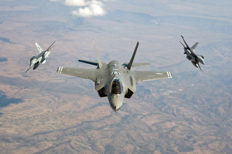 F-35 and F-16 fighter jets in formation