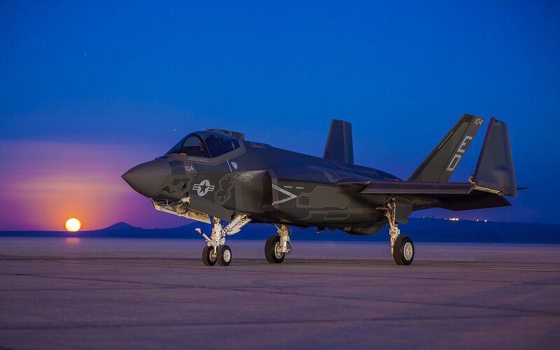 F-35 Fighter Jet — Blue, Dramatic, Sunset, Photograph, Runway